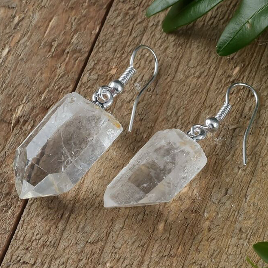 Quartz Earrings Raw Natural Crystal Point Silver Dangle Earring Hook Reiki Heal