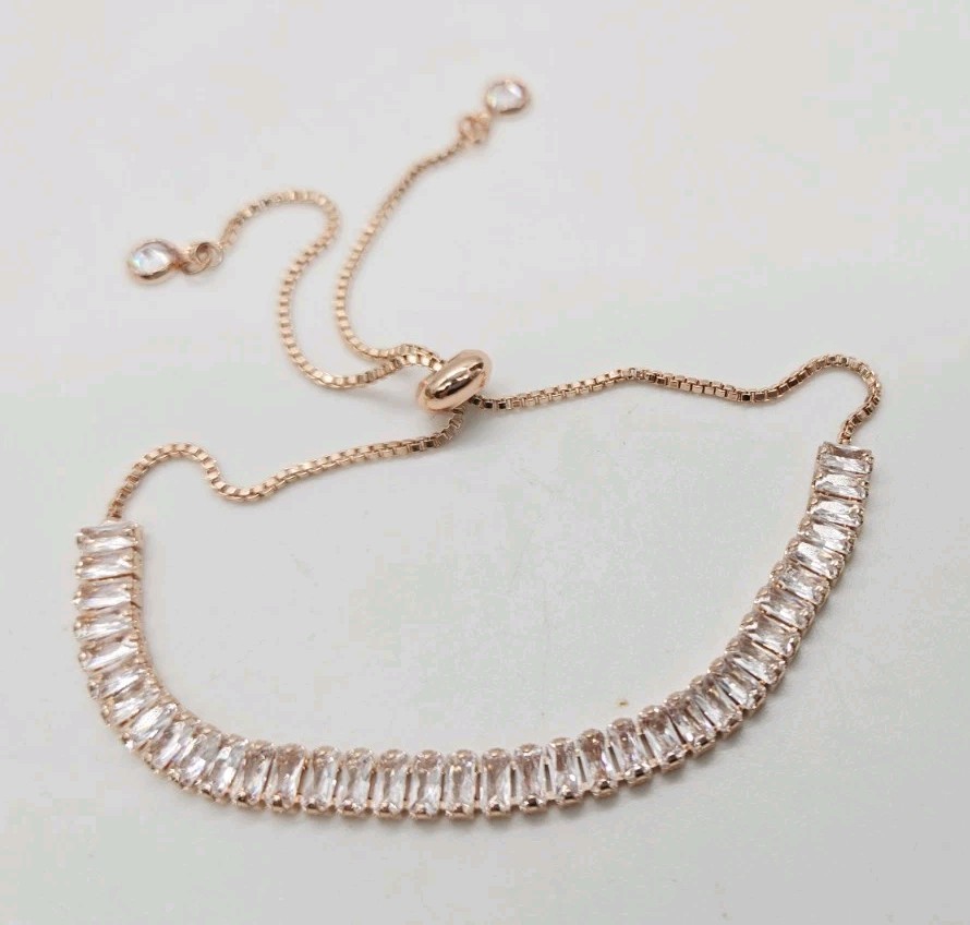 Tennis Bracelet Crystal Rhinestone Baguette Rose Gold Tone Drawstring Closure