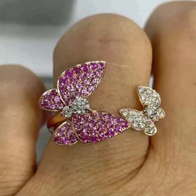 Lab Created Pink Sapphire 2Ct Round Pretty Butterfly Ring 14K Rose Gold Plated