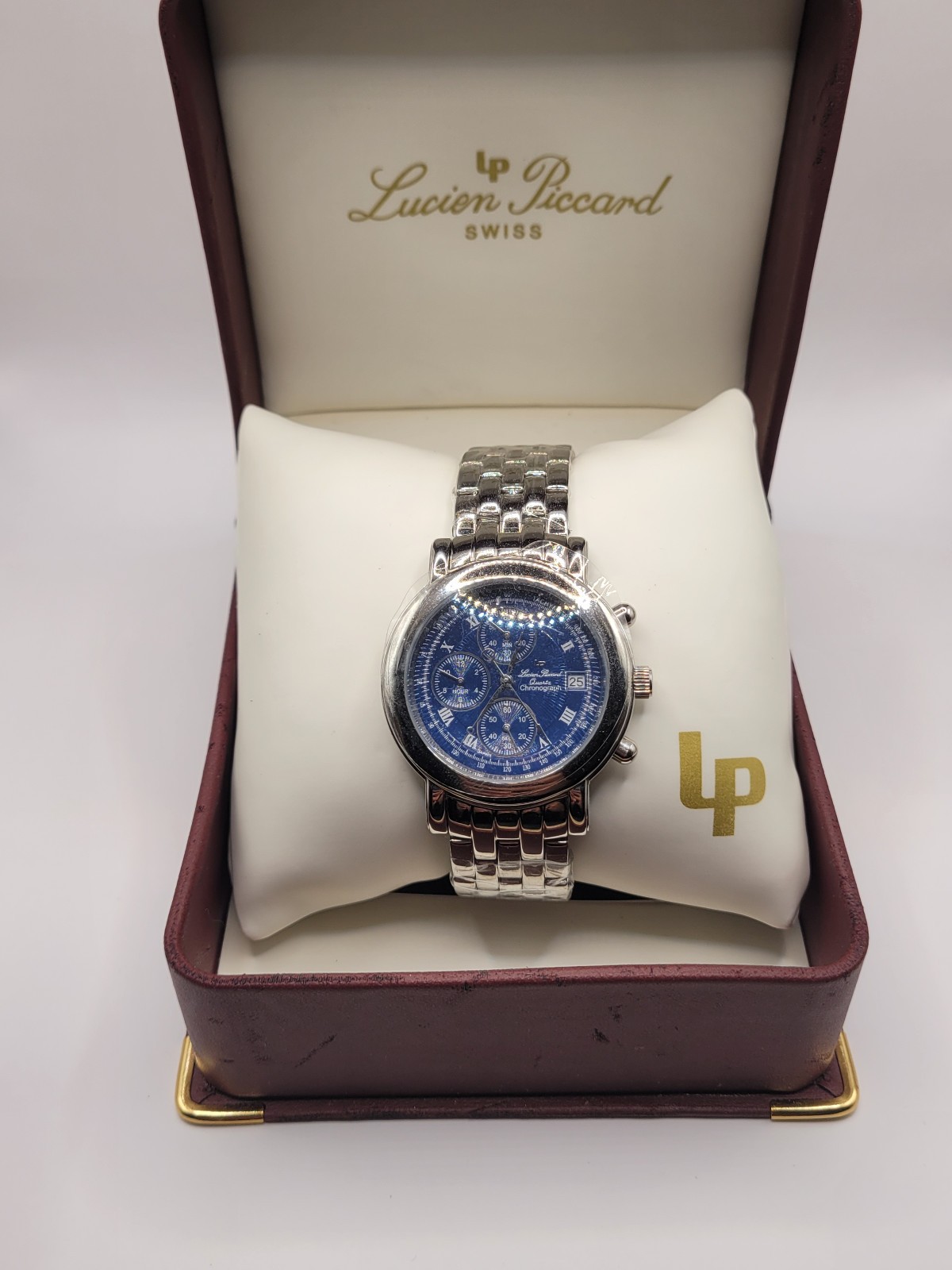 Lucien Piccard 26499BL Mens Chronograph Watch 38MM 8″ Silver Tone