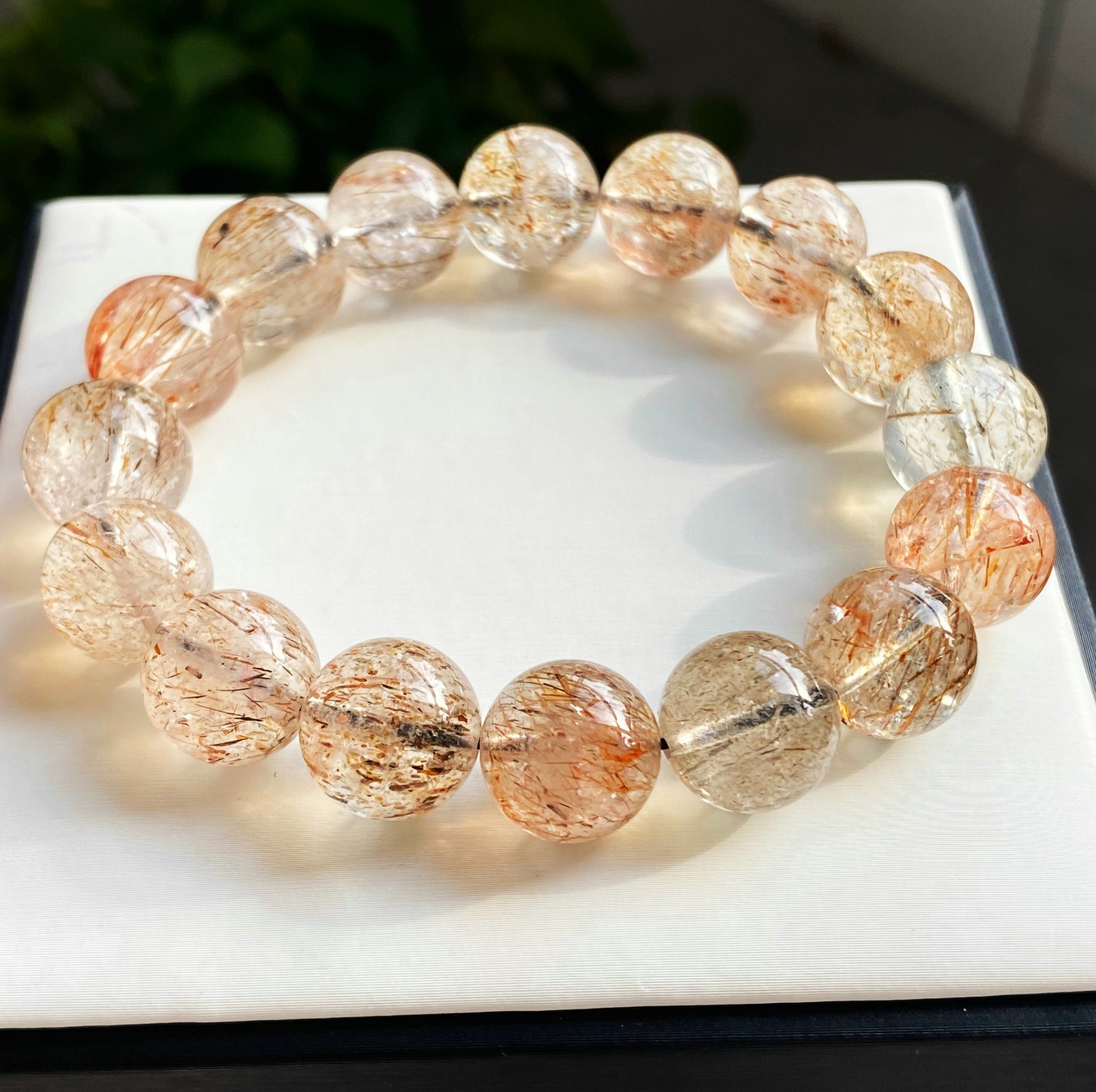 13-13.7mm Natural Black Gold Rutilated Super 7 Quartz Crystal Bracelet 2679