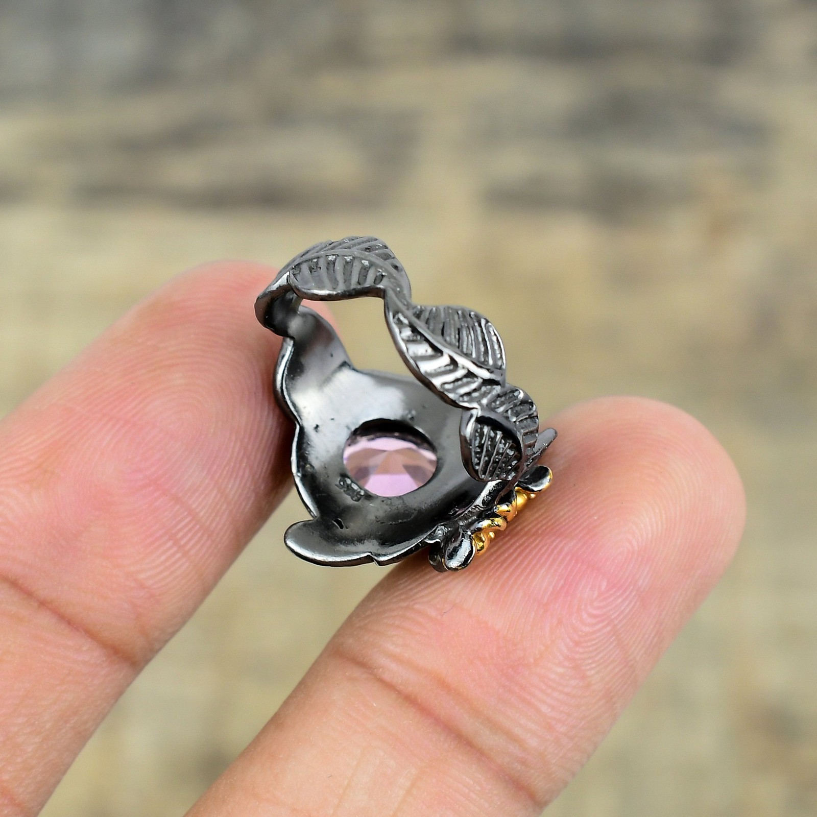 Pink Kunzite Black And Gold Plated 925 Sterling Silver Ring S.8 R8731