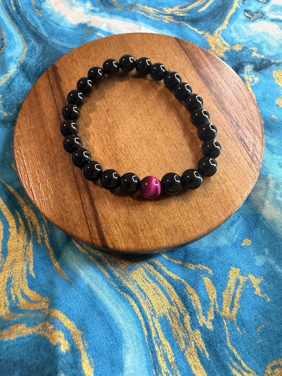 Obsidian W/ Hot Pink Tiger’s Eye Crystal Bead Bracelet