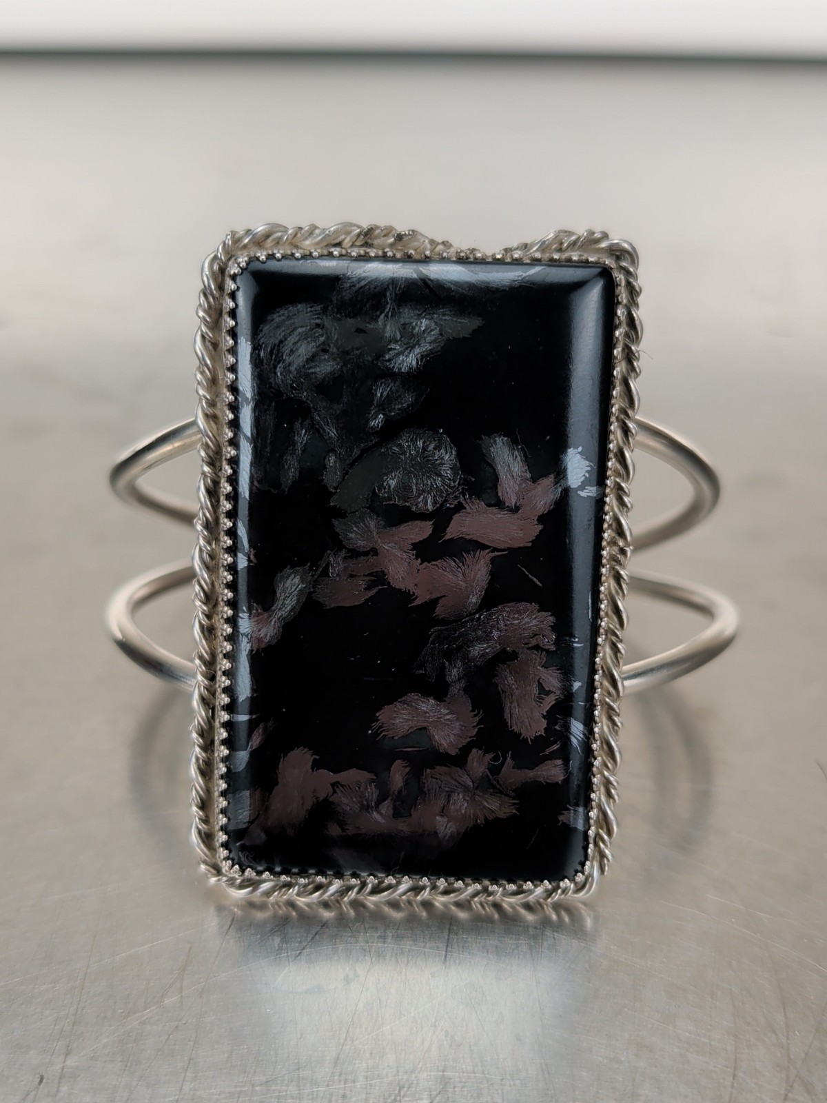 Navajo Bryan Kagenvema Cuff Bracelet Sterling 925 Snowflake Obsidian 8 Inch 93 g