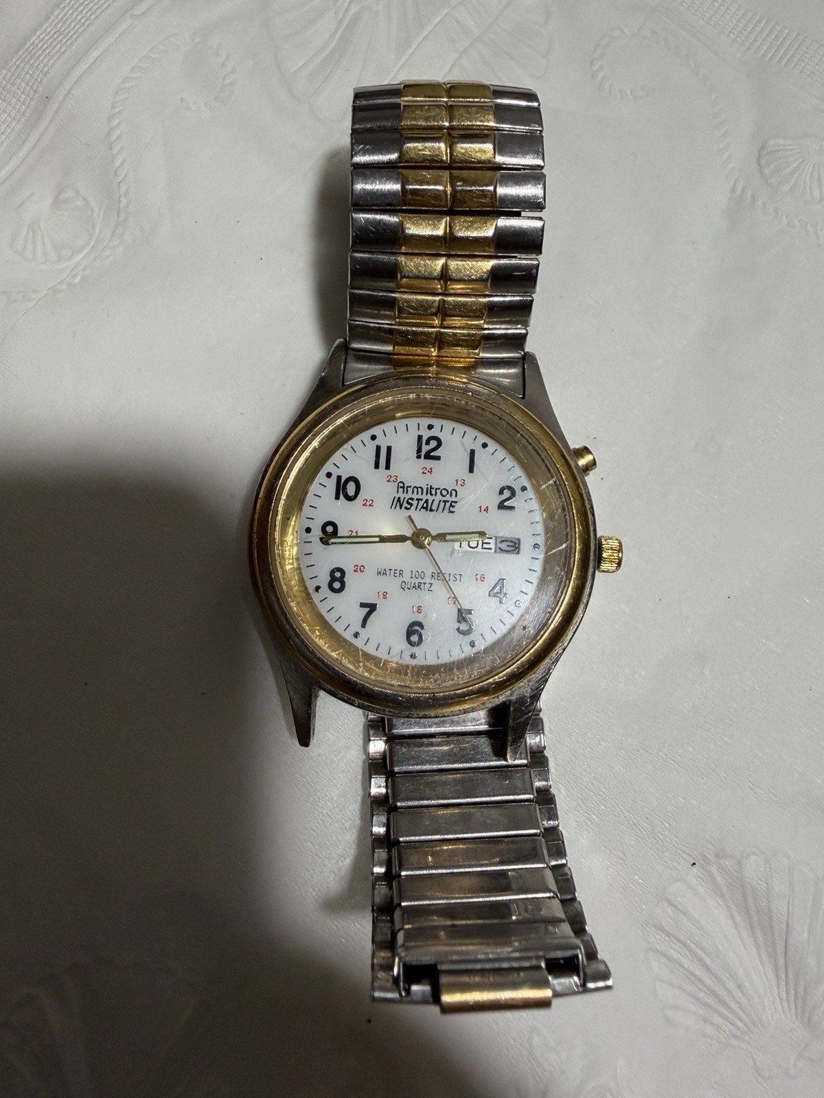 Armitron Instalite Quartz 100ft WR Day/Date White Dial Two-Tone Bracelet