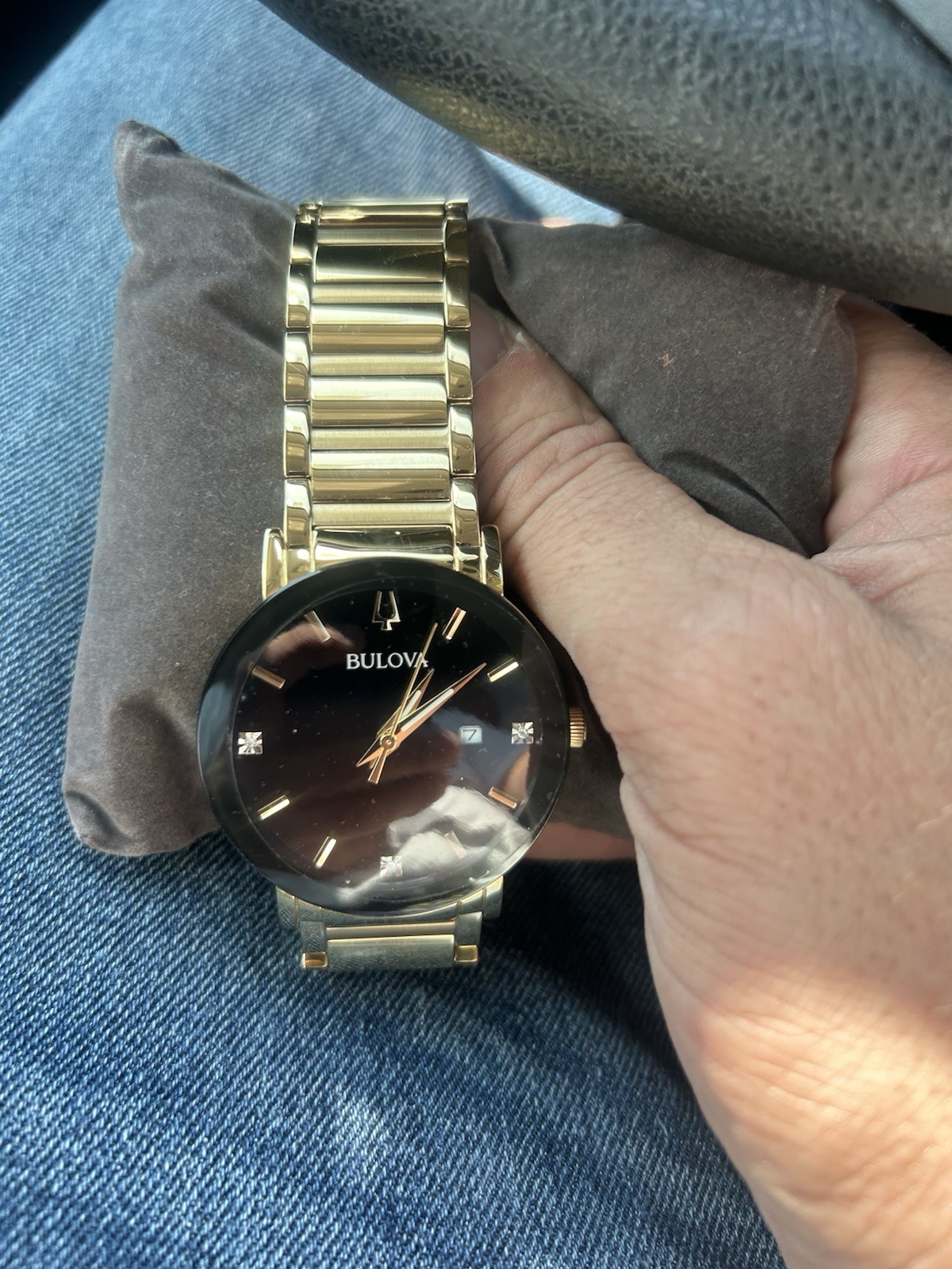 Bulova Men’s Diamond Accent Black Dial Gold-Tone Bracelet Quartz Date Watch