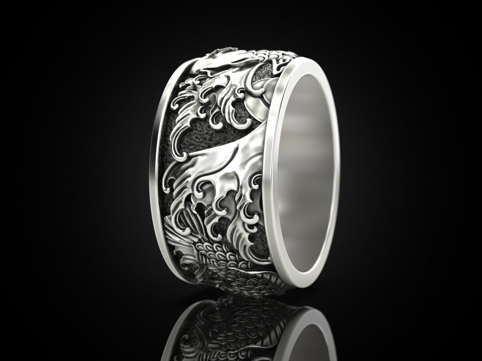 Oxidized Mens Two Japanese Carp & Waves Gothic 925Sterling Silver Statement Ring