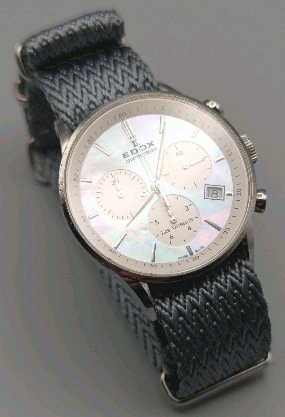 Edox Les Vauberts Quartz Chronograph. Mother Of Pearl Dial. ZuluDiver NATO Strap