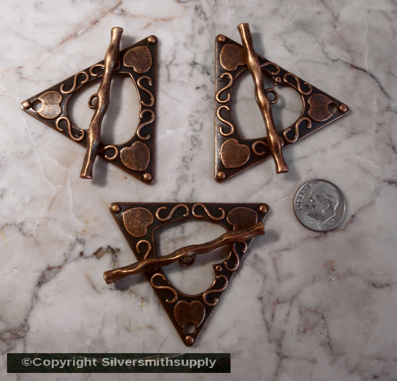 3 Copper pl 53mm HEART toggle jewelry clasps 2 1/8 in bracelet necklaces fpc362