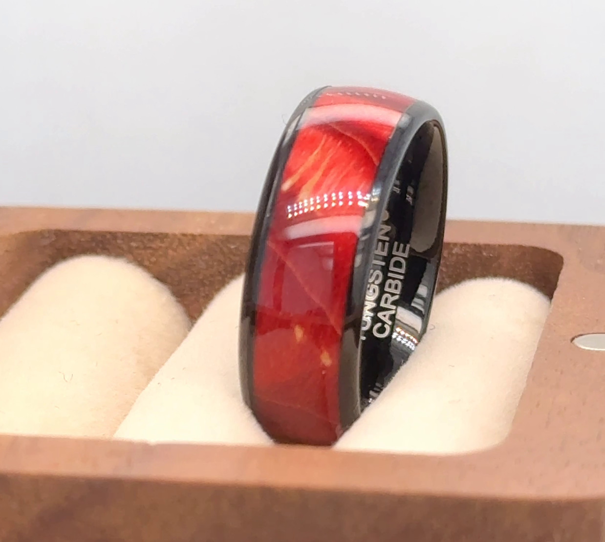 Red Burgundy Color Dyed Wood Inlay Black Tungsten Ring Men’s Wood Wedding Ring