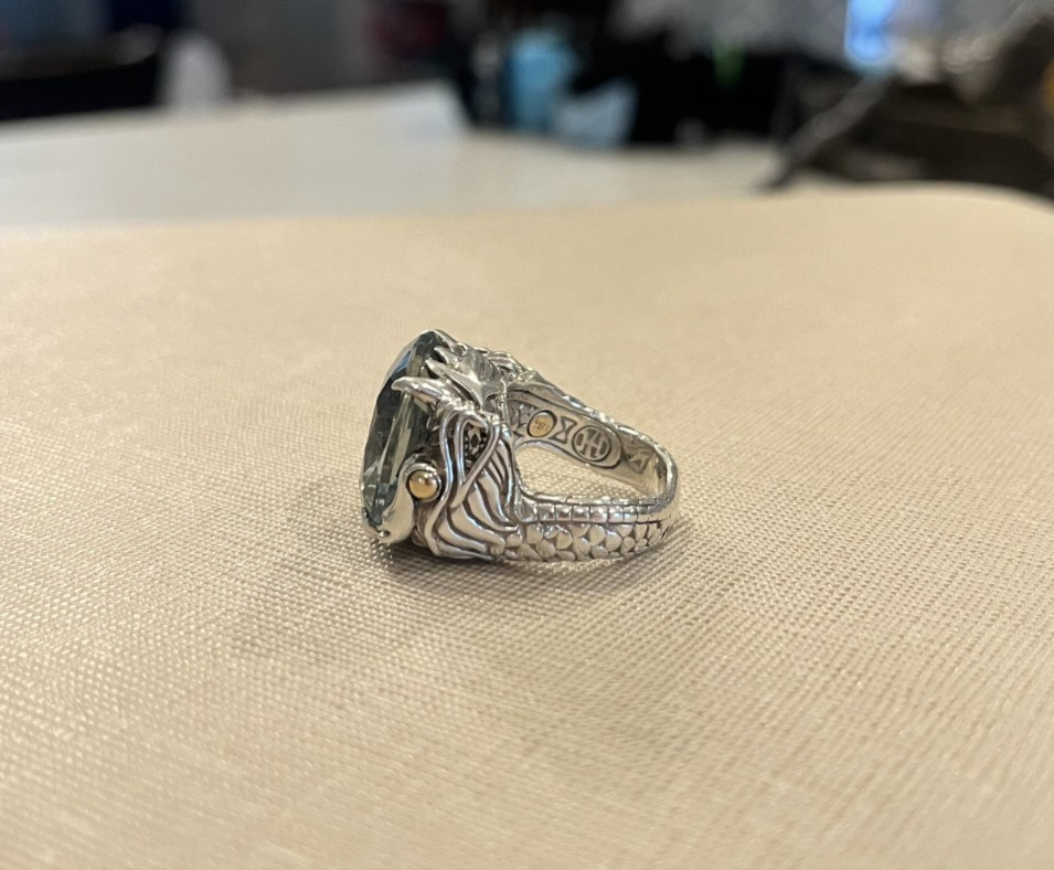 John Hardy NAGA 18kt Gold and .925 Silver, Green Amethyst Ring, SZ 5