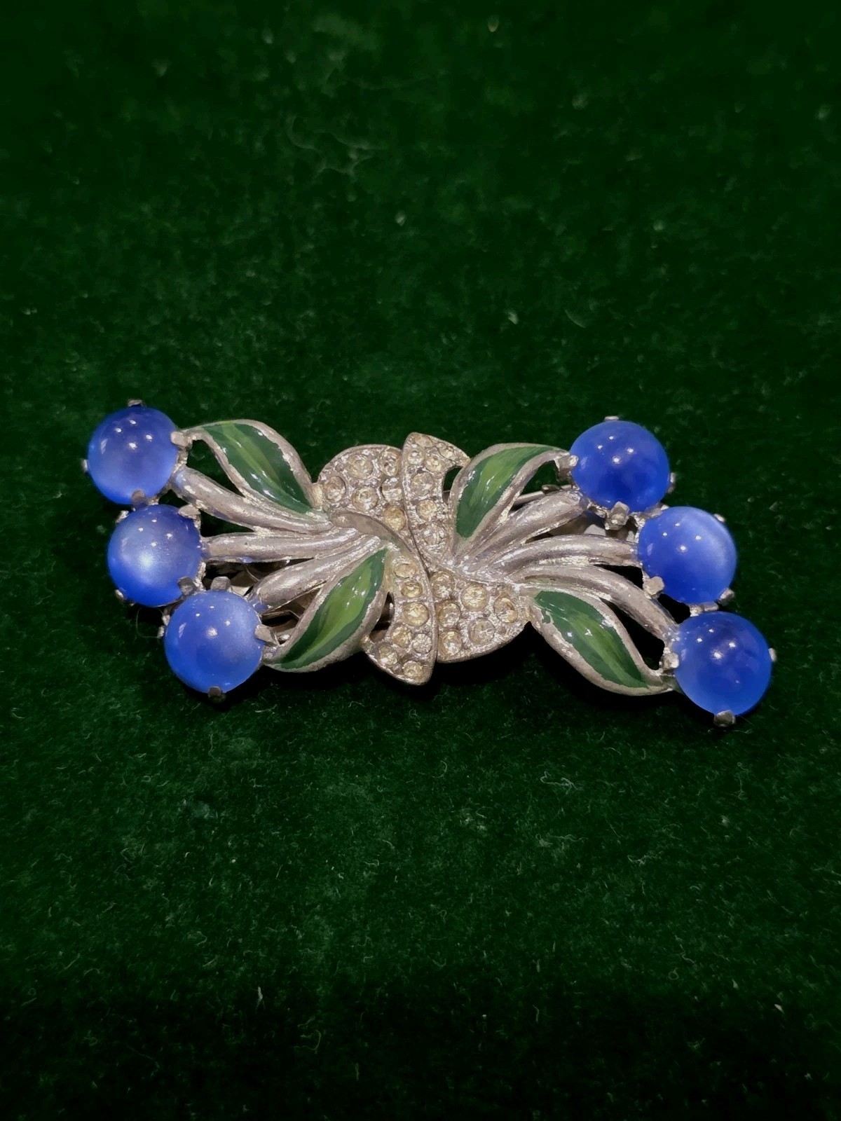 Vintage Coro Duette Blue Moonglow Rhinestone Fur Clip Brooch 40s Collector Piece