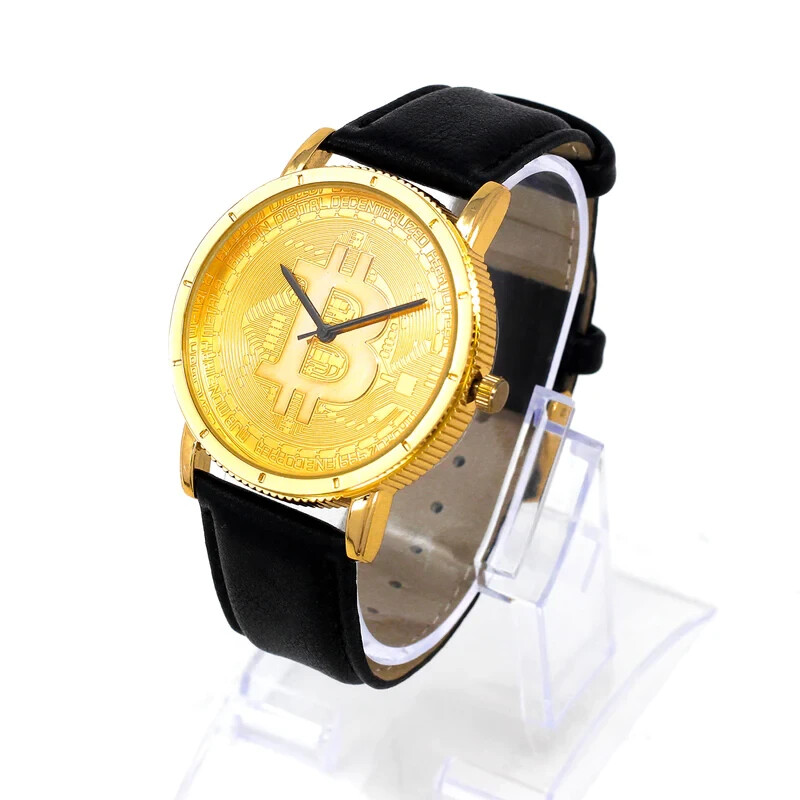 Men’s Iced BITCOIN Dial Hip Hop Gold PT Leather Band Fashion Urban Style Watch