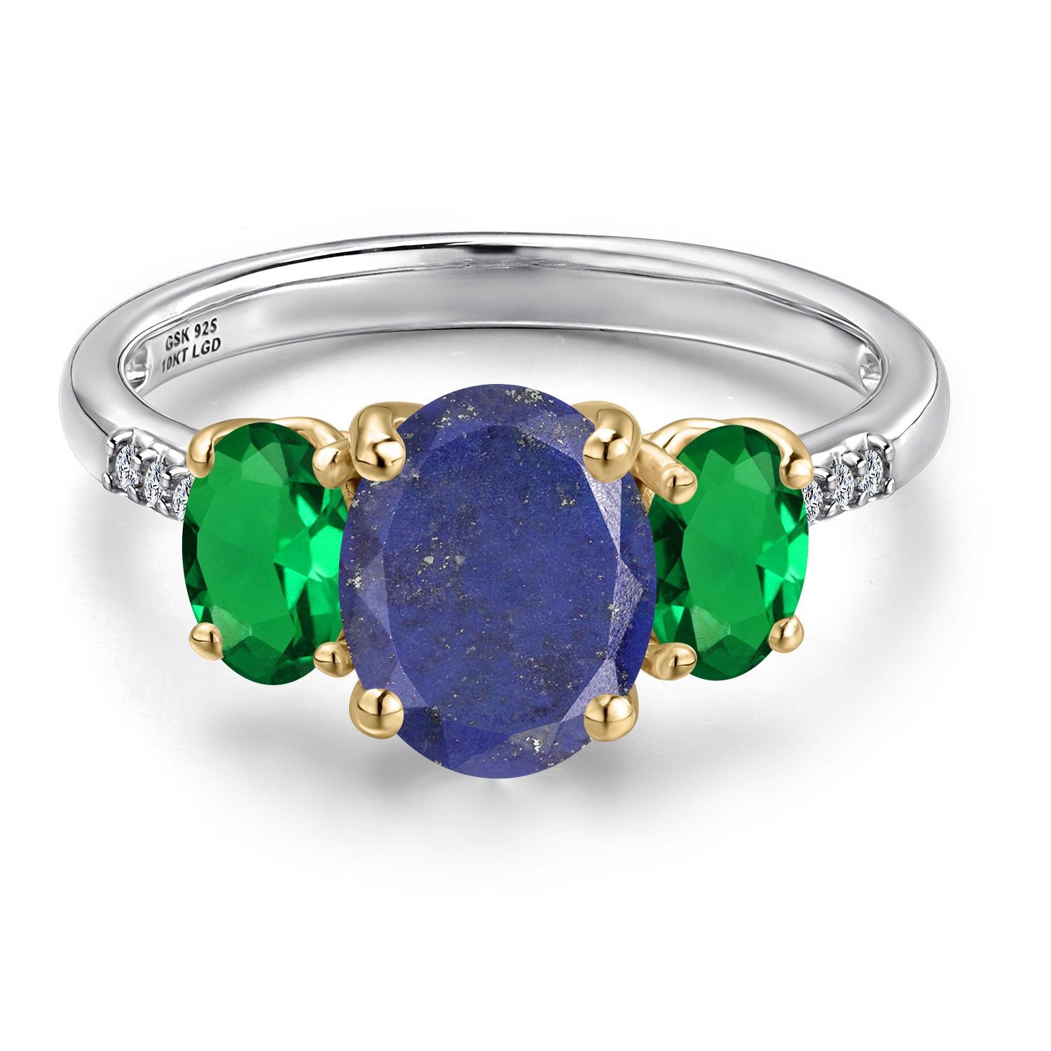 925 Silver and 10K Yellow Gold Blue Lapis and Nano Emerald and Lab Grown