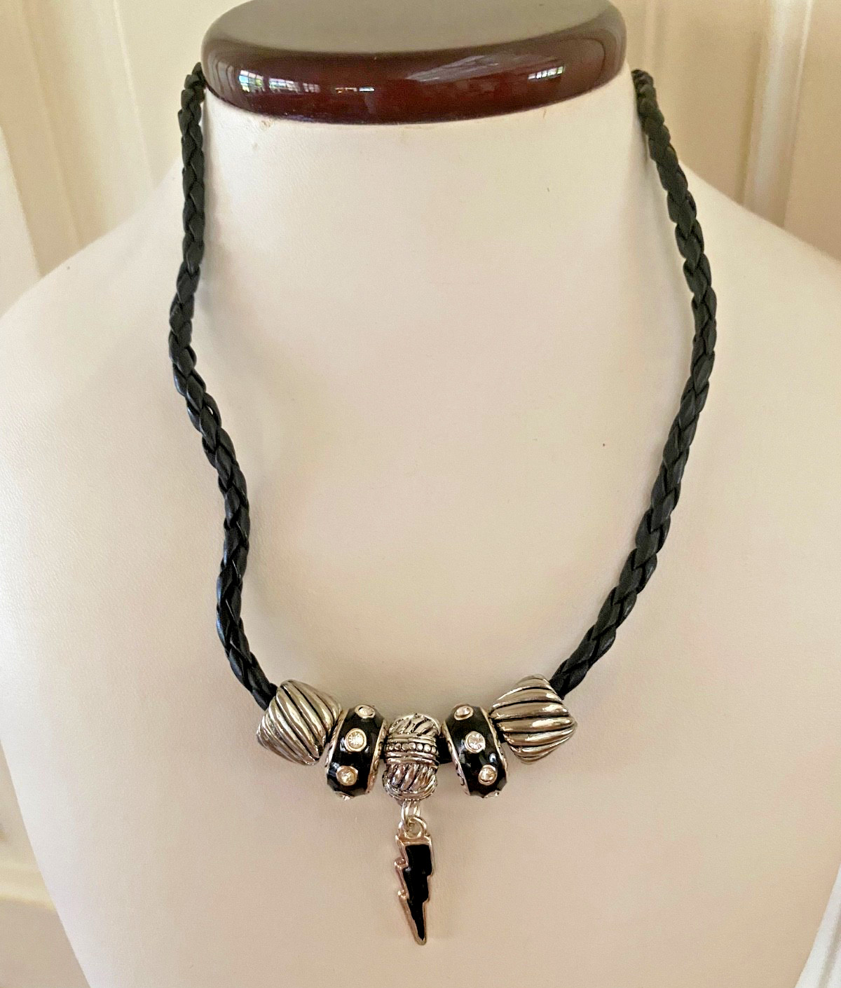 Brighton Silver Black Lightning Bolt Necklace Enamel Crystal Charm JewelryUnisex