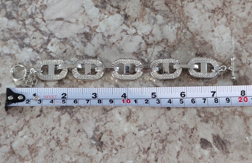 Vintage Silver Tone Chunky Link Statement Bracelet 7.5″ Pave Crystals and Charm