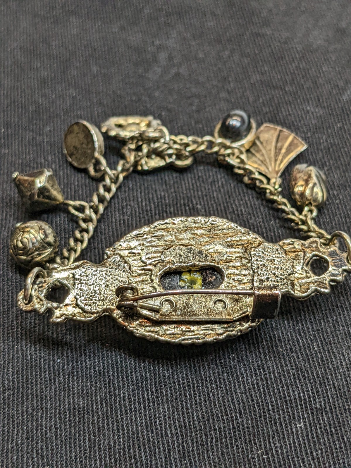 Vtg Victorian Revival Dangle Charm Brooch Black Cabochon Bronze Tone Emo Gothic