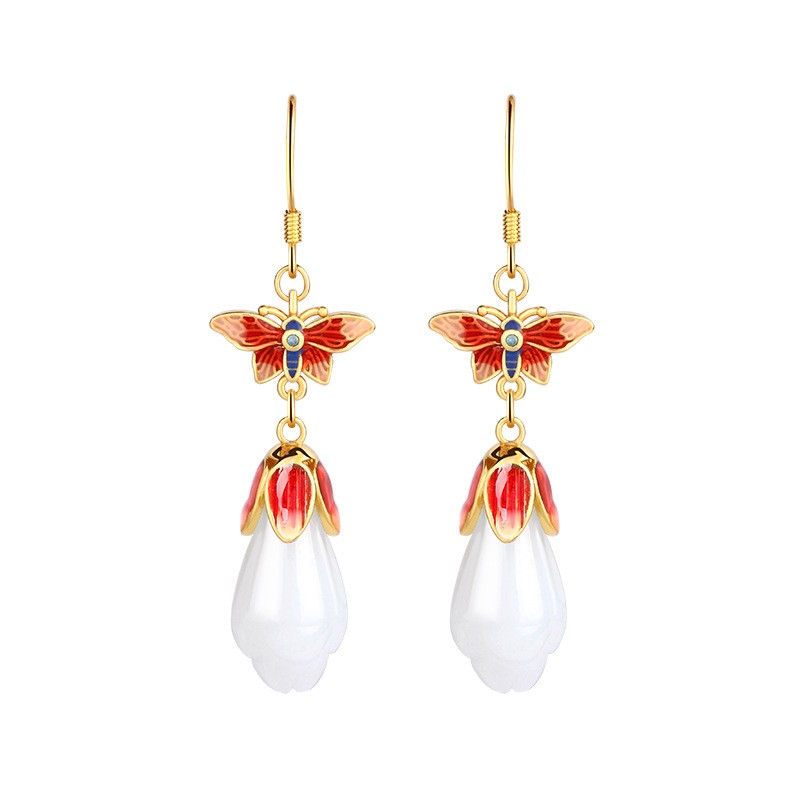 New Chinese Butterfly Enamel Jade Stud Earrings