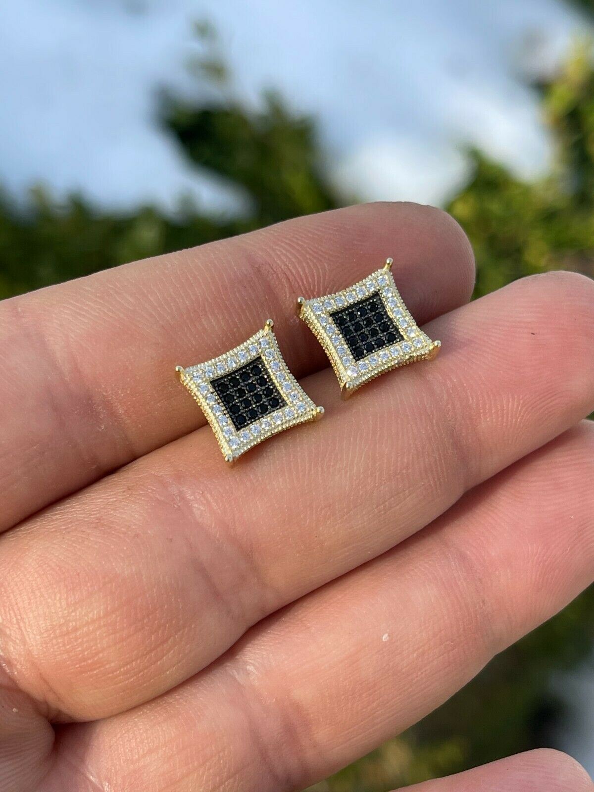 Mens 14K Gold Plated 925 Silver Iced Kite Black CZ Square Earrings Studs