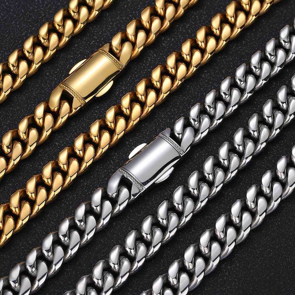 12mm Stainless Steel Miami Cuban Link Chain Necklace Bracelet Hip Hop Men