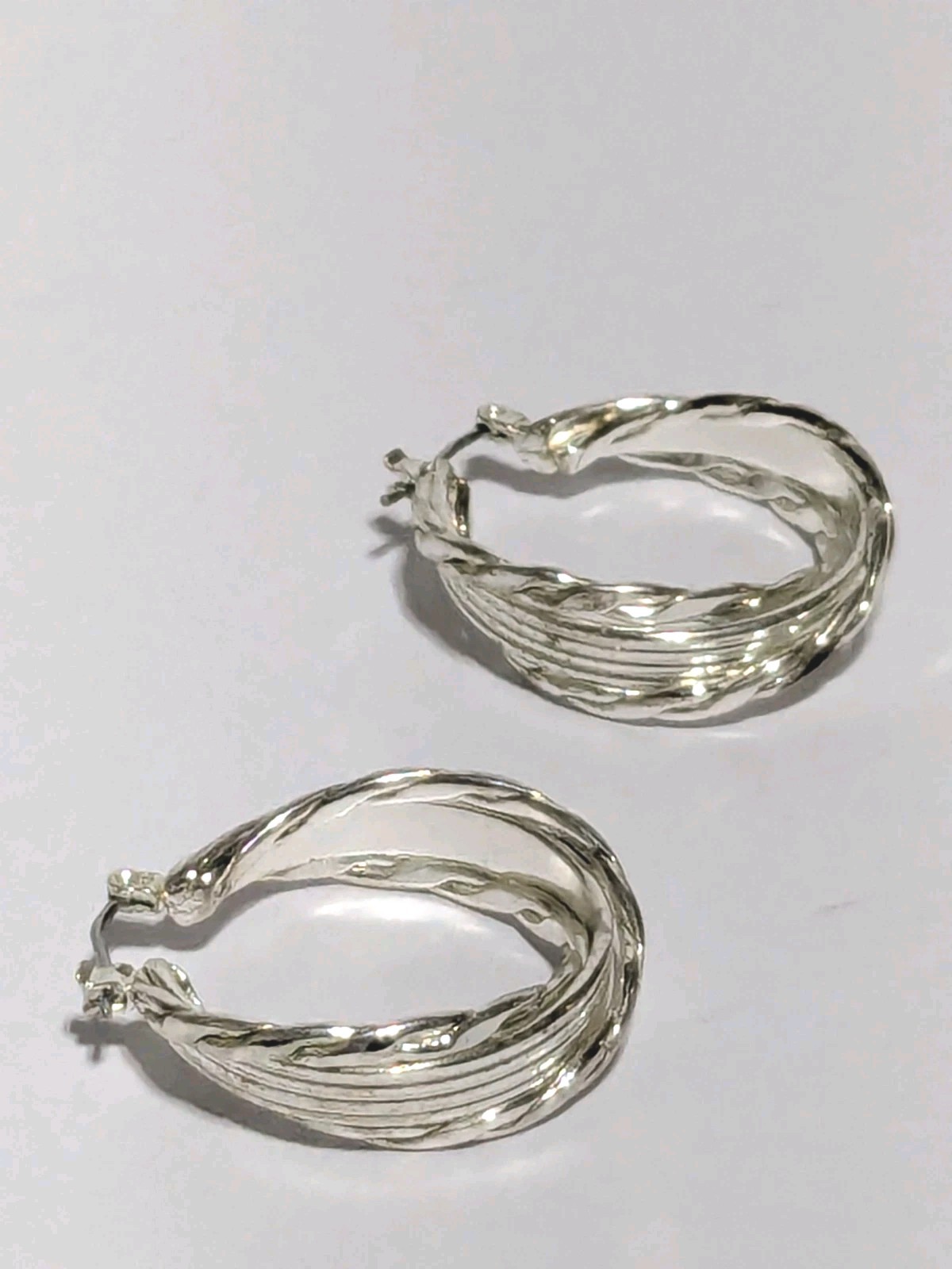 Silver Tone Twisted Textured Hoop Push Lock Dangle Earrings 1″.