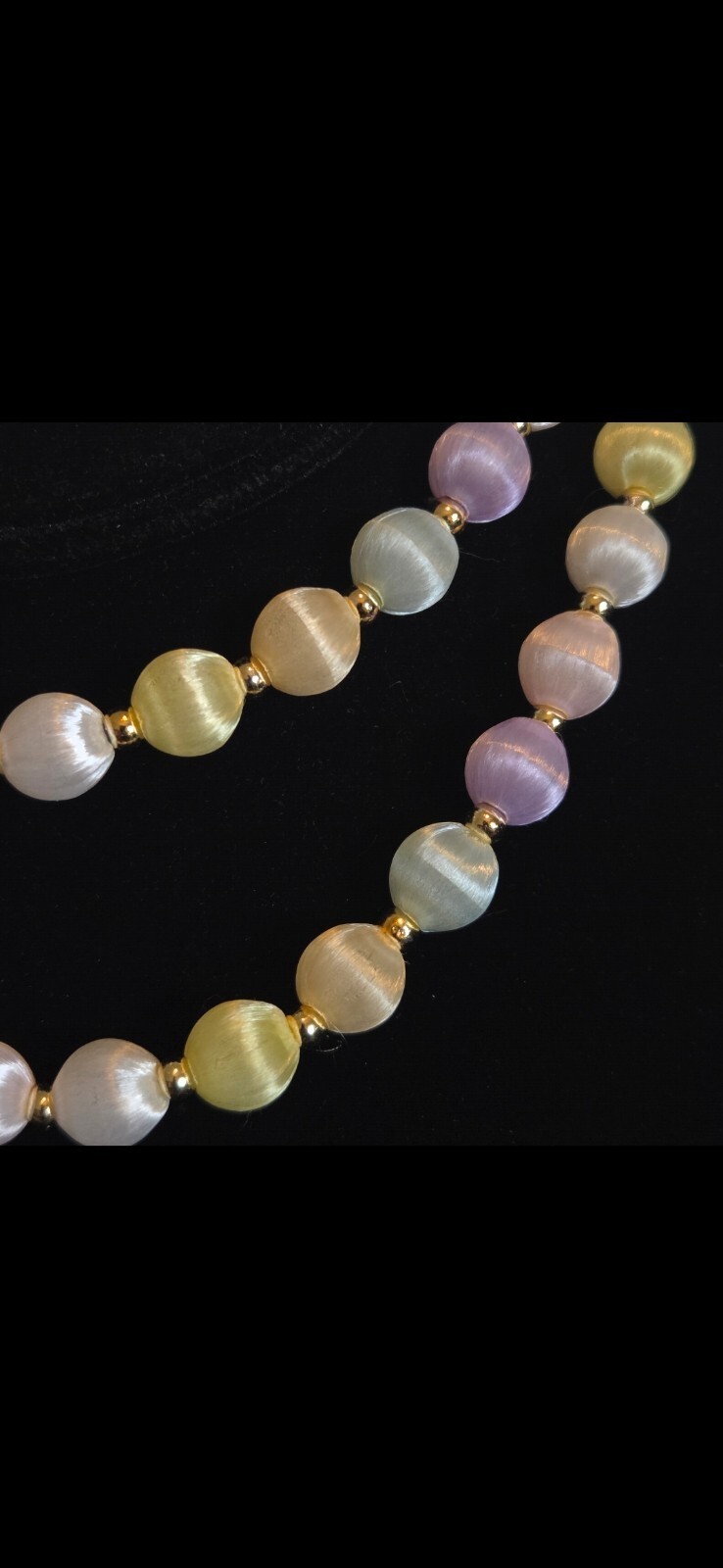 Vintage Multi-Color Pastel Satin Ball Necklace with gold tone separator beads
