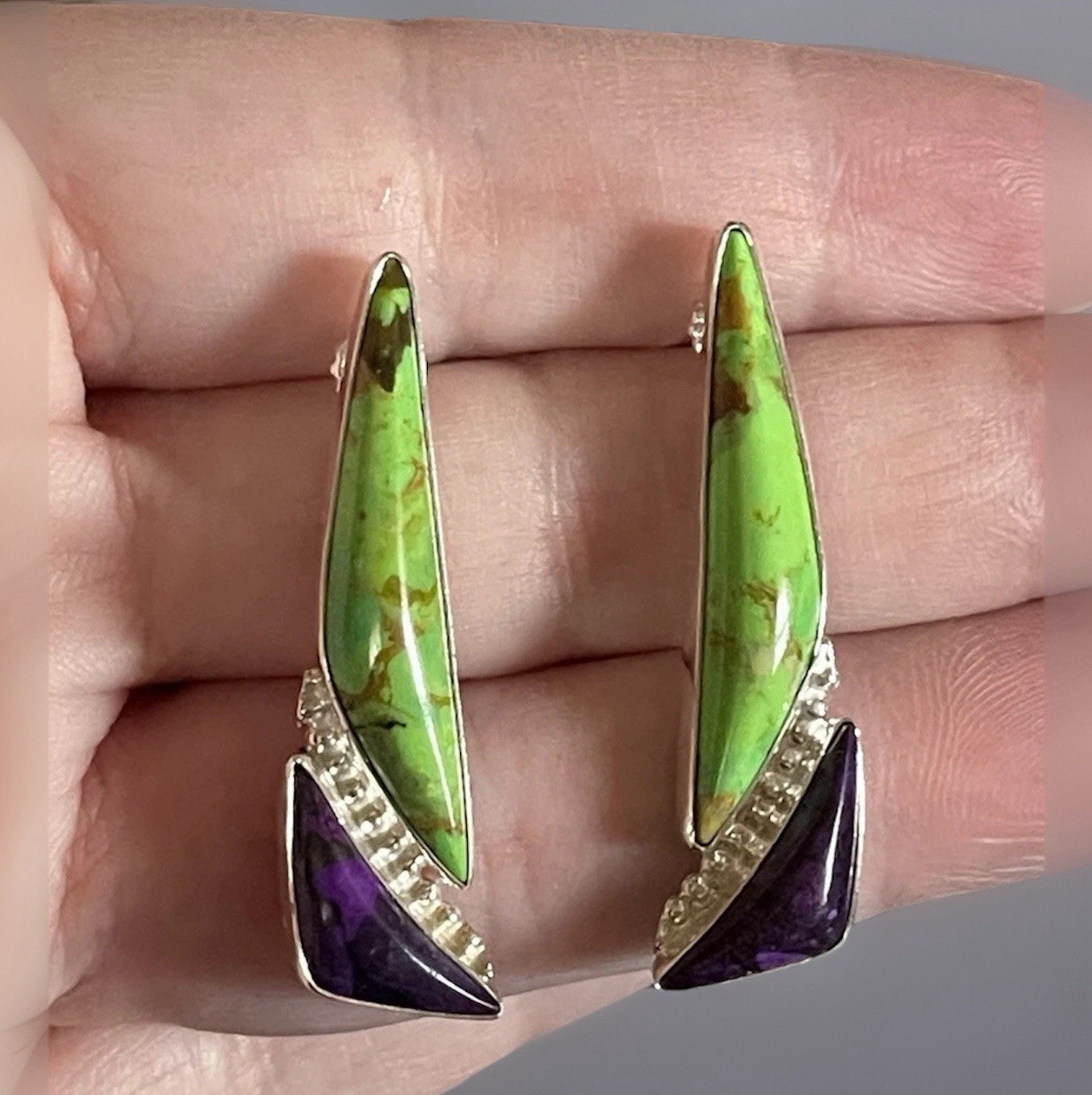 Green & Purple Genuine Turquoise 925 Sterling Silver Drop Stud Earrings