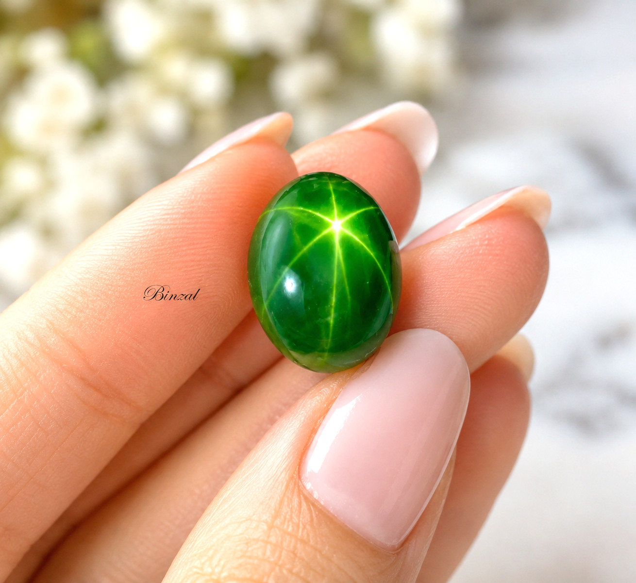 6 Rays Star Asterism 5-6Ct Natural Green Star Sapphire 10x8x4mm Oval Cabochon