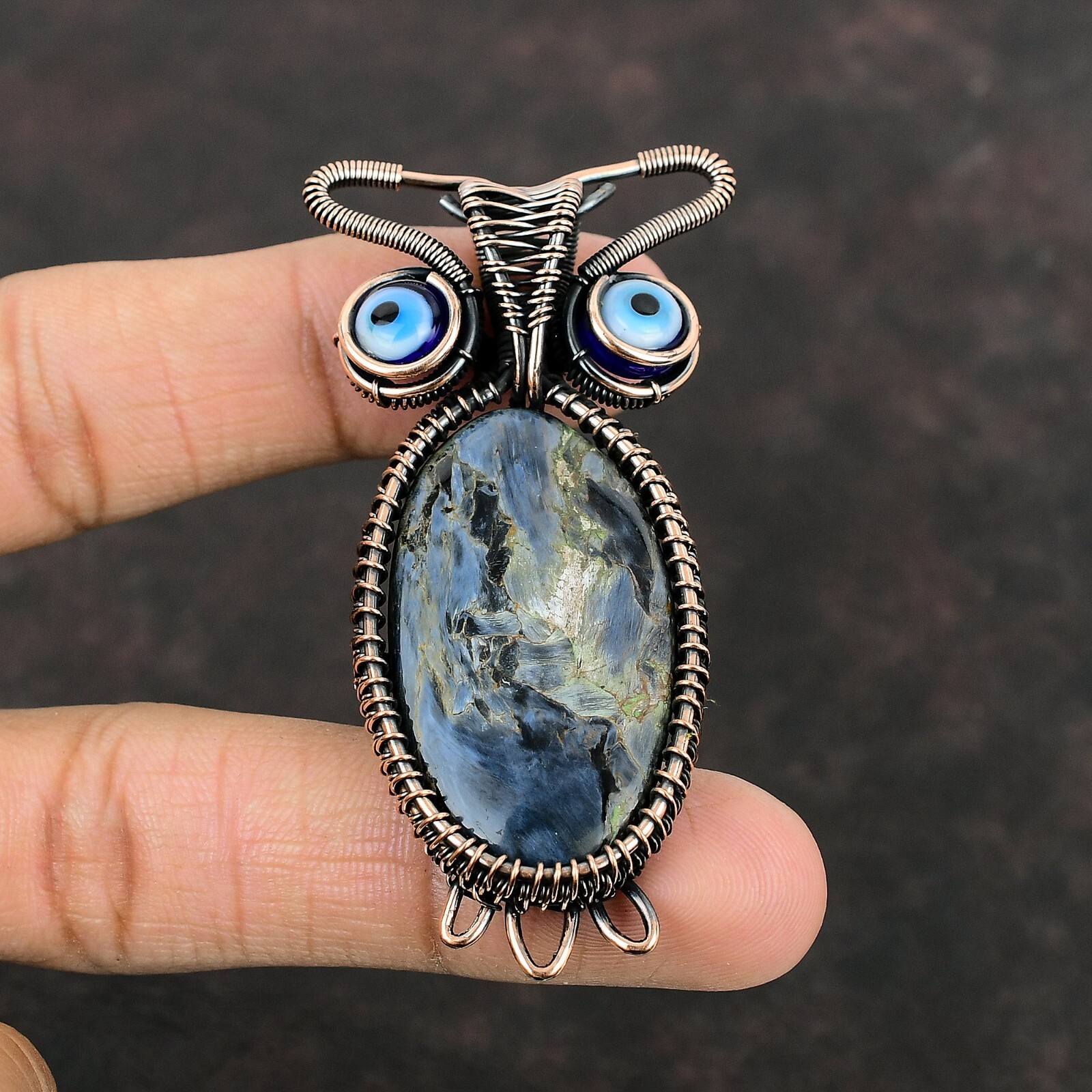 Pietersite Wire Wrapped Owl Pendant Handcrafted Copper Dailywear 2.83″