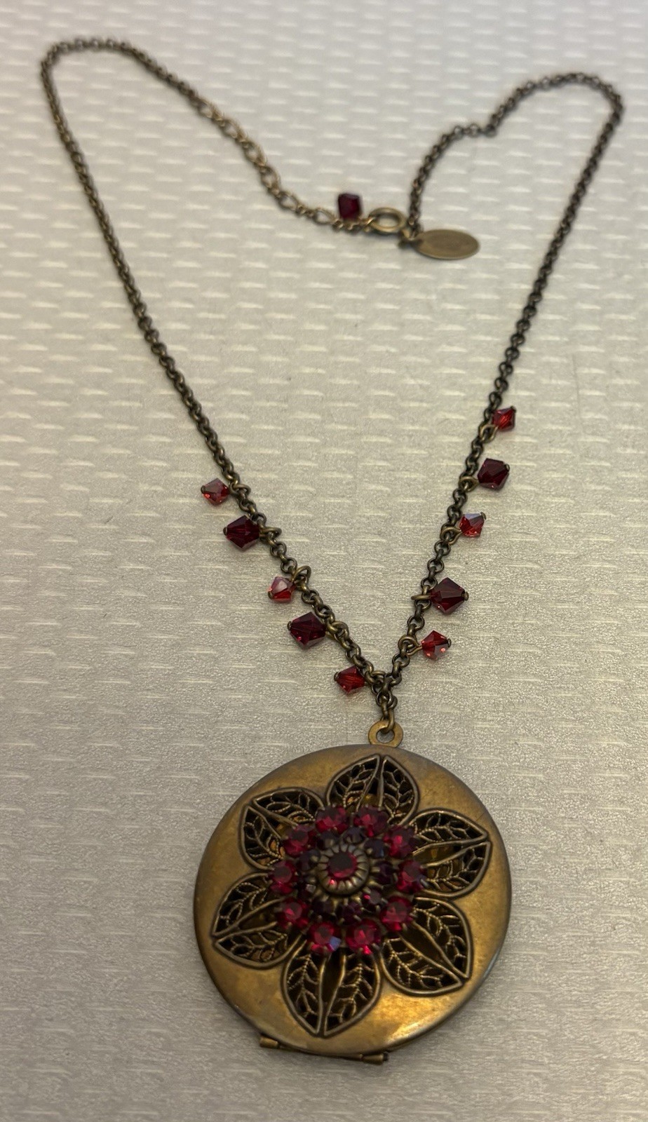 Liz Palacios SF Perfume Locket Necklace Brass Red Jeweled Filigree Scent Pendant