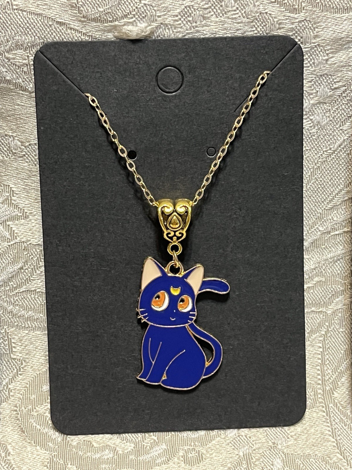 Sailor Moon LUNA Cat Charm Anime Cartoon Gold Enamel Boho Trendy Necklace 18”