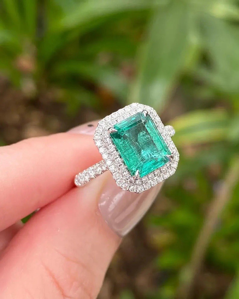 2 Ct Lab-Created Colombian Emerald Cut Double Halo Engagement Ring 935 Silver