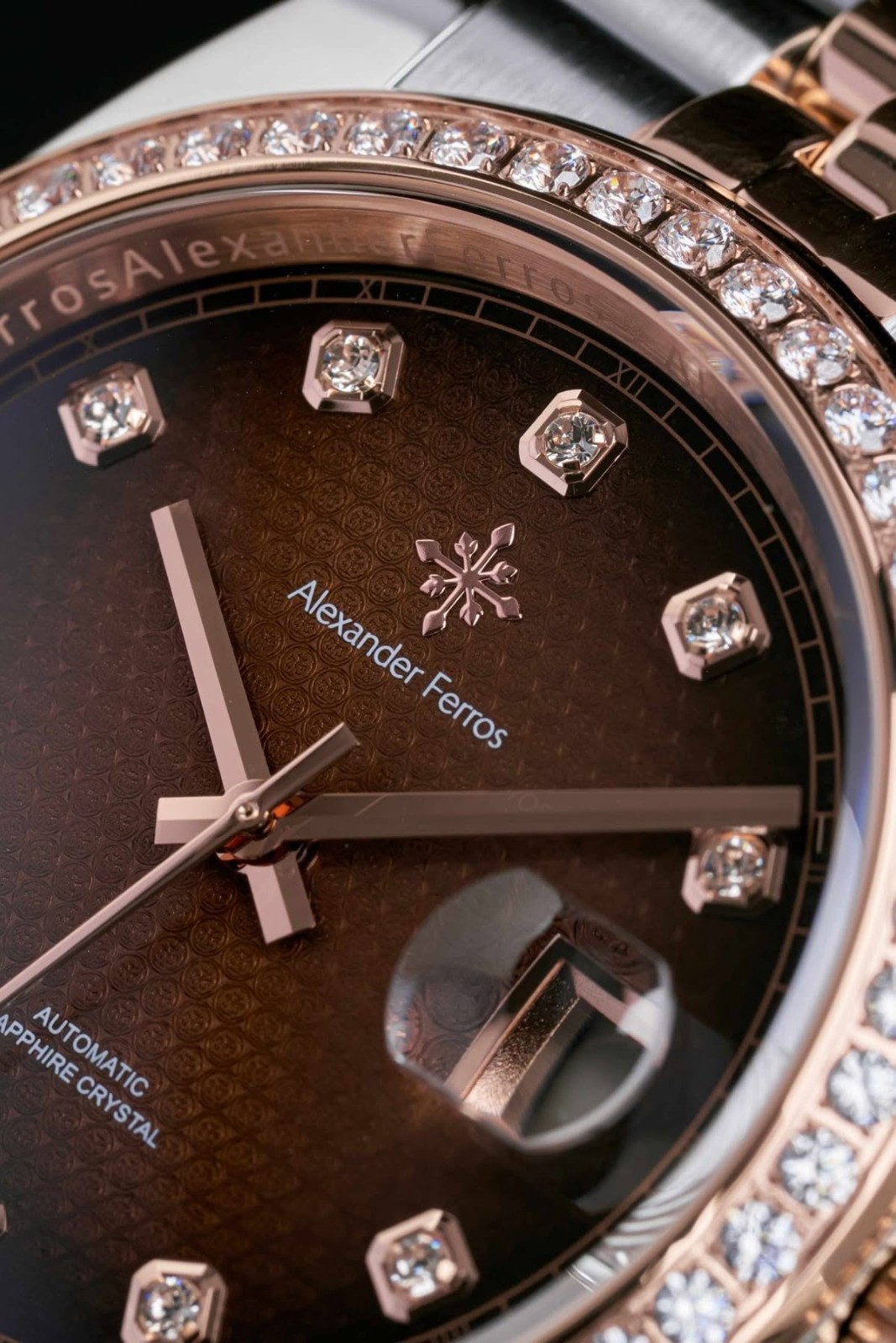Alexander Ferros Automatic Watch Brown Wood Grain Dial Sapphire Crystal Men’s