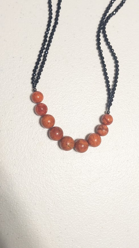 Simon Sebagg Brown Beaded Necklace – Black chain with Orange/Earth Tone Beads