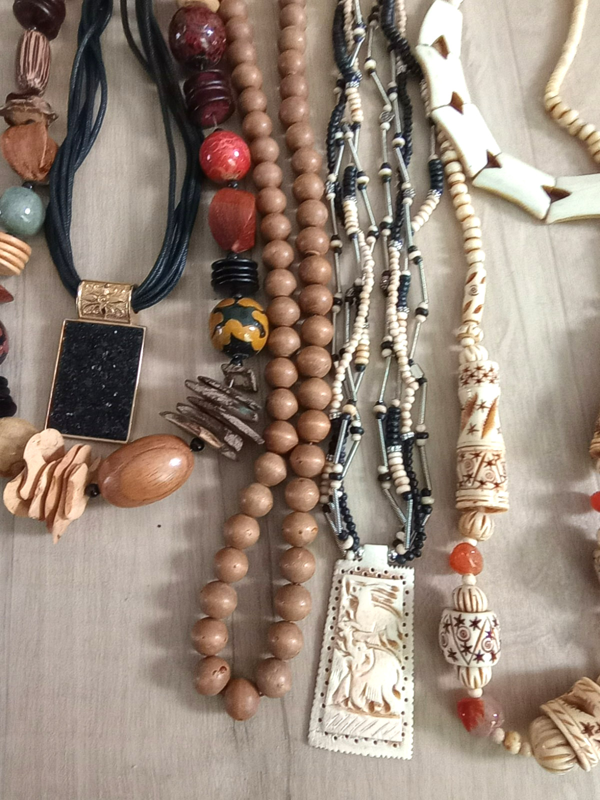 Tribal/ethnic lot of 6 necklaces, bone, wood beads, multi-media see pics