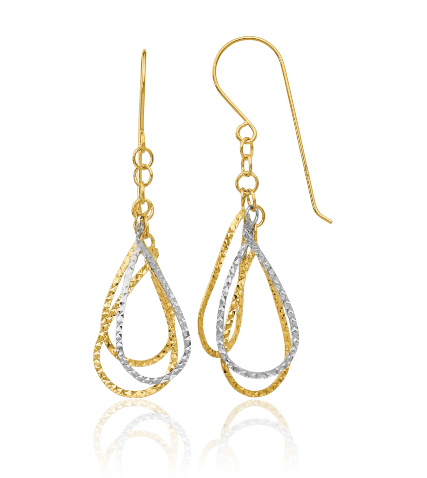 14K Solid Two Tone Gold Long Teardrop Dangle Earrings 41mm 1-5/8 inch Wire,