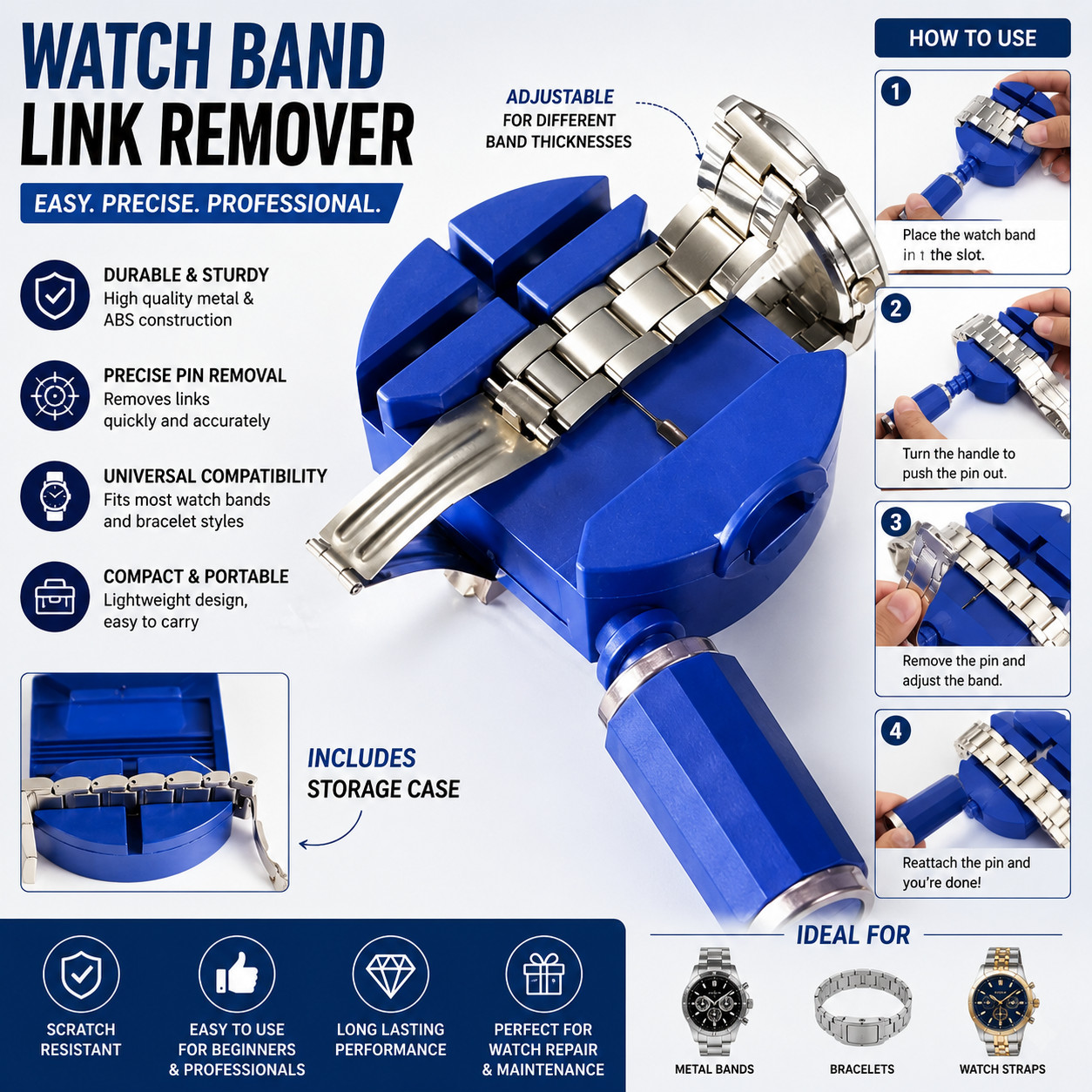 Watch Repair Spring Bar Tool Steel Link Remover Pin Pusher with Spare Tips