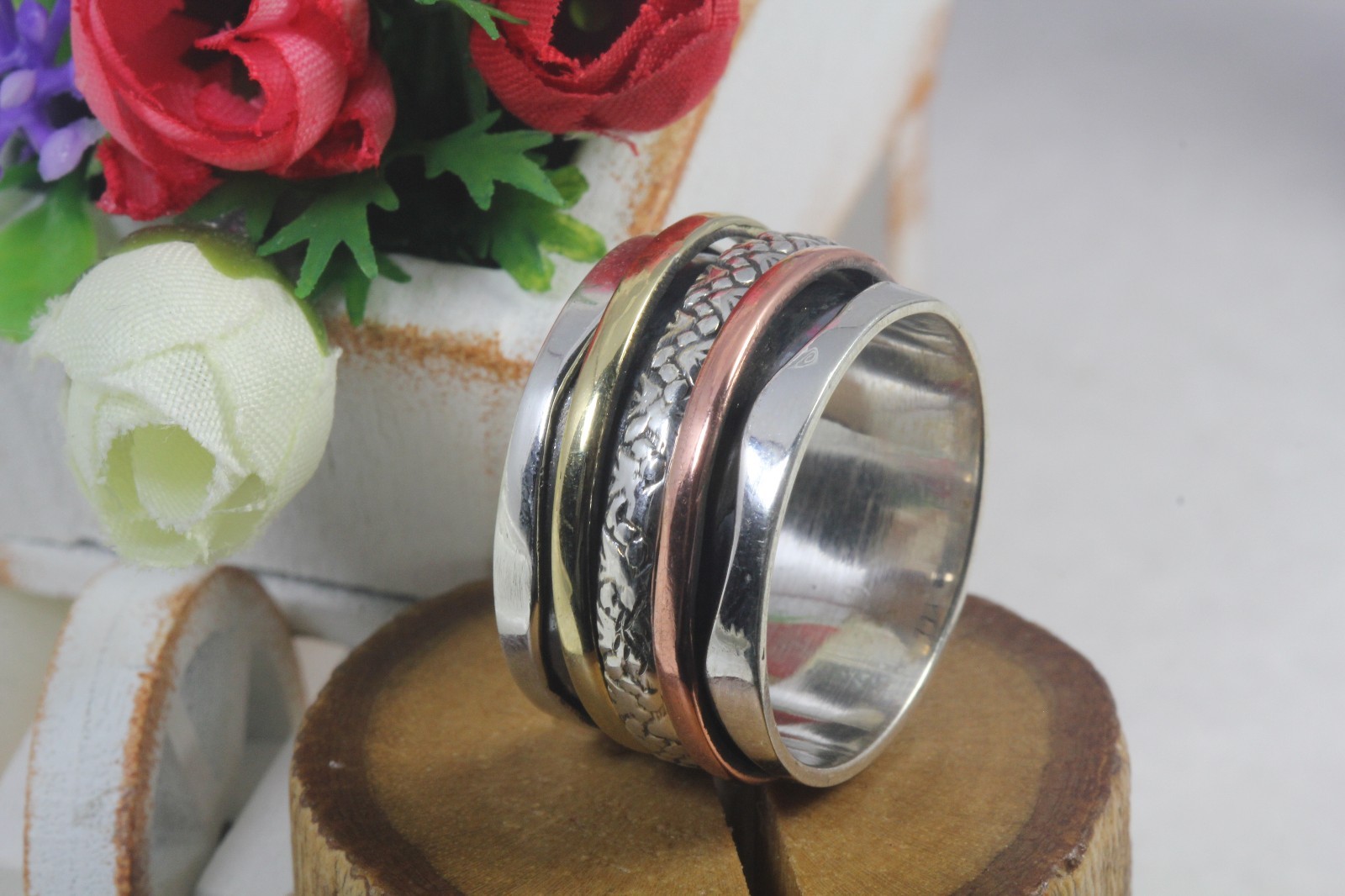 Texture Fidget Boho Wide Sterling Silver,Gold, Rose Gold Spinner Meditation Ring