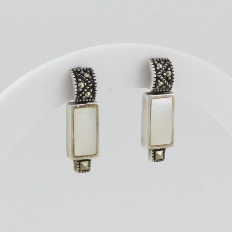 Sterling Silver Marcasite & Mother of Pearl Earrings 3/4 ” x 1/4″ inch