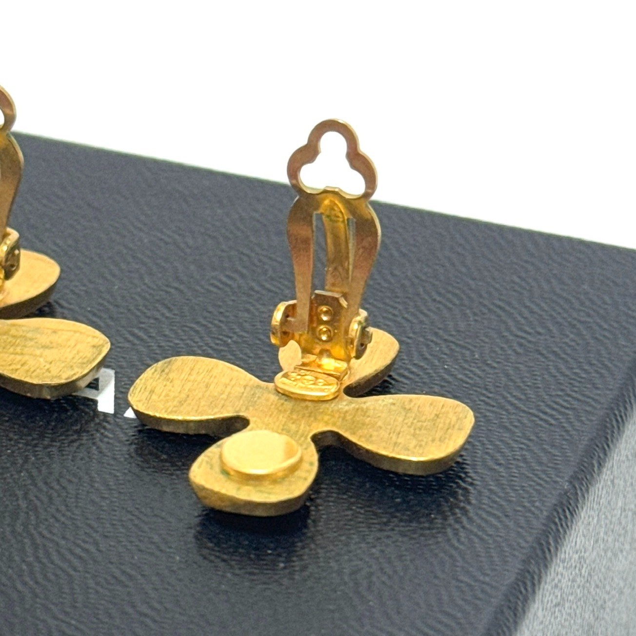 CHANEL 01C CC Logo Coco Mark Clover Earrings Gold Rhinestone Authentic JAPAN