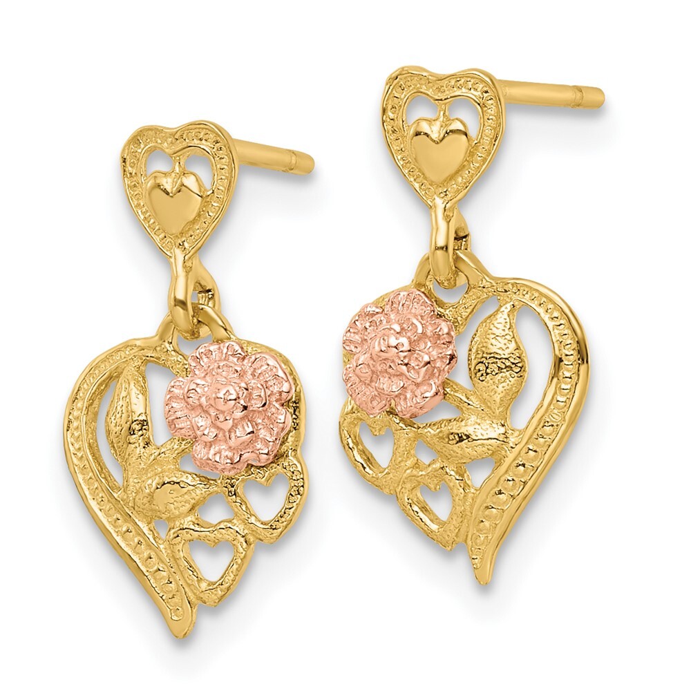16.15mm 14k Two-tone Gold Heart w/Flower Post Dangle Earrings
