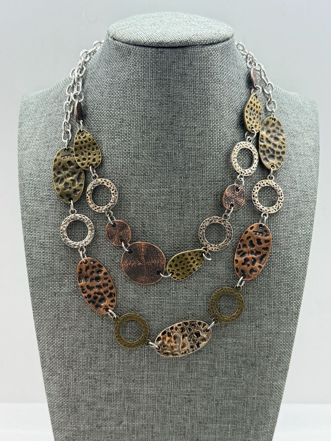 Boho Mixed Metal Hammered Statement Necklace – Silver, Copper & Brass Layered