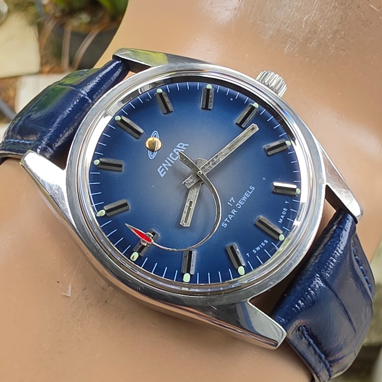 Vintage ENICAR men’s manual wind watch Rocket second hand swiss 1970s