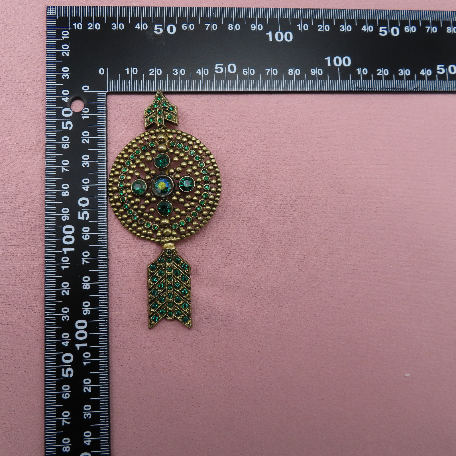 Antique Rhinestone Brooch Arrow Emerald Green Crystal 3.75 in OOAK Vintage 263f