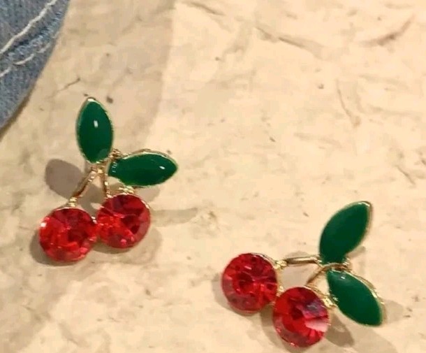 Set Of 5 Micro Mini Stud Earrings, Fruits Embellished With Rinestones. Goldtone