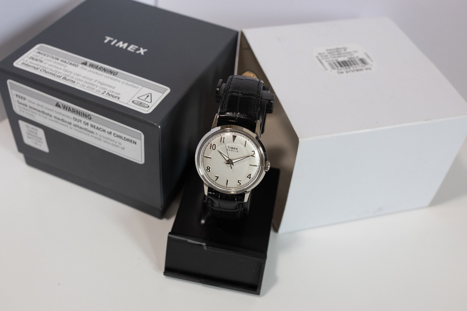Timex Marlin Quartz 34mm Black Leather Strap Silver Dial Watch TW2Y37600VQ