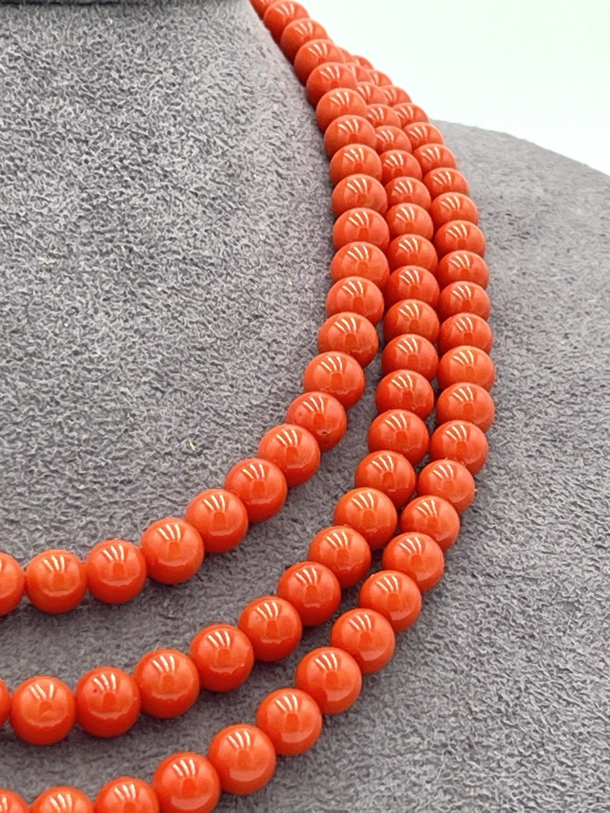 Natural Mediterranean Red Coral 3 Strand Necklace 7mm 18Kt Gold Made in Italy