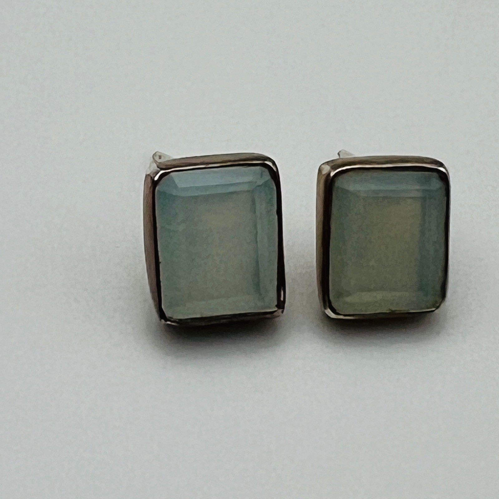 Silver Tone Stud Earrings Rectangle Blue Glass Modern Minimal Jewelry