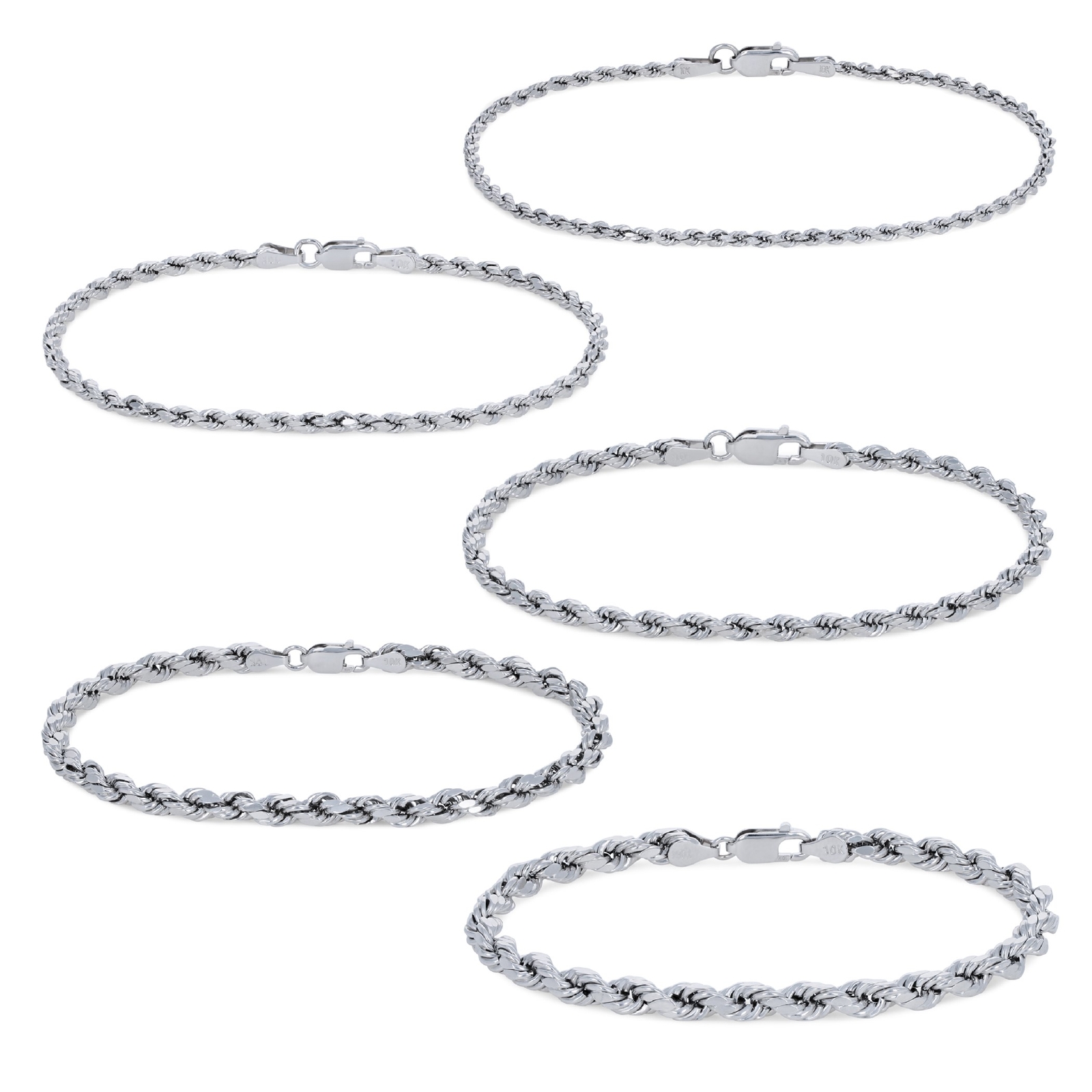 10K White Gold 2mm-5mm Diamond Cut Rope Chain Bracelet Mens Womens 7″ 8″ 9″