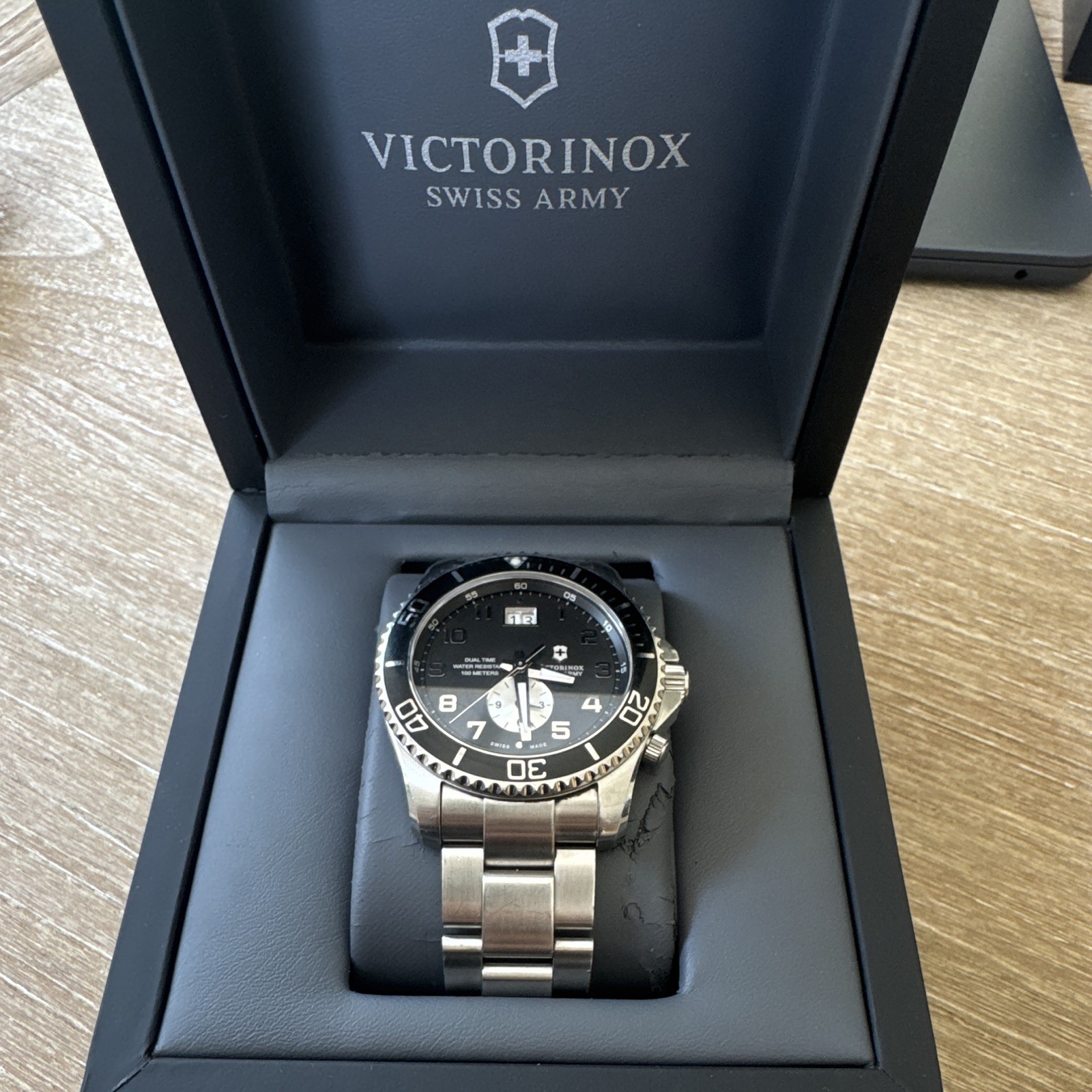 Victorinox Swiss Army Dual Time 42mm Black Dial Quartz SS Bracelet Box